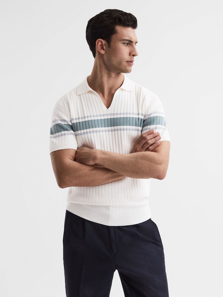 Reiss Off White Billingsgate Slim Fit Ribbed Open Collar Shirt - Image 1 of 5