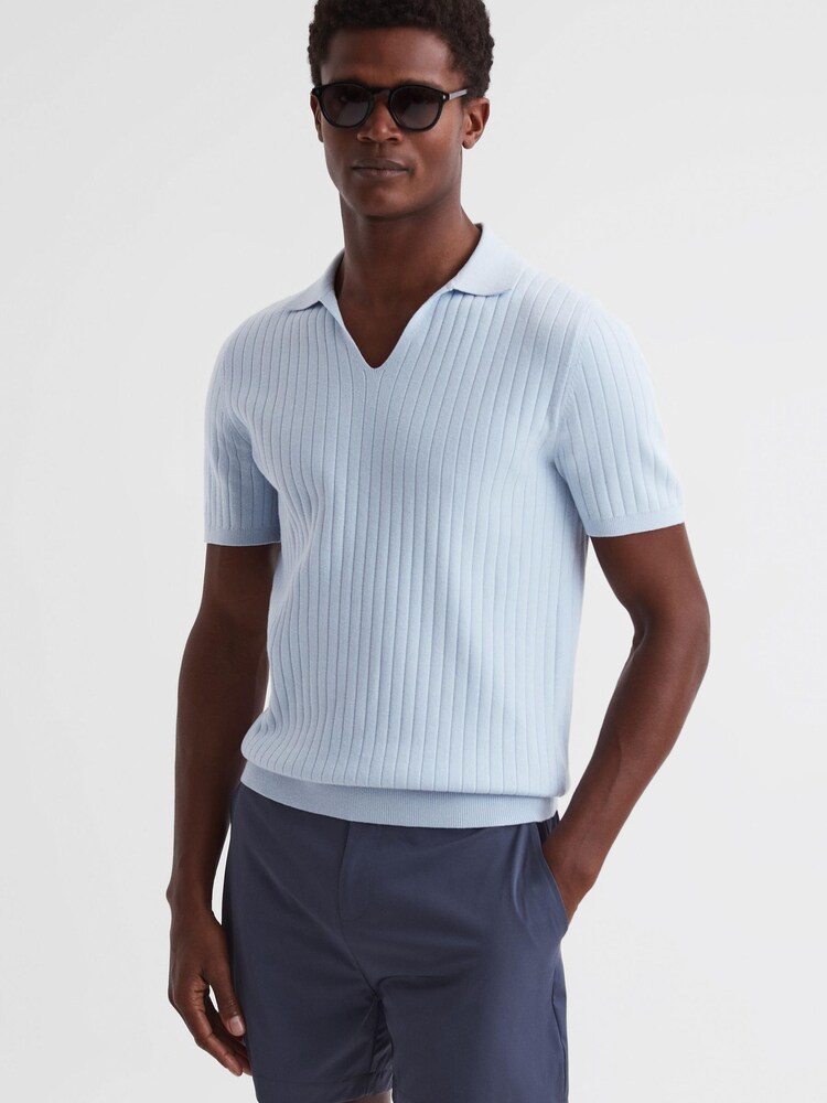 Reiss Soft Blue Felix Slim Fit Open Collar Polo Shirt - Image 1 of 4