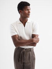 Reiss Ecru Castleton Zip Front Striped Polo Shirt - Image 1 of 6