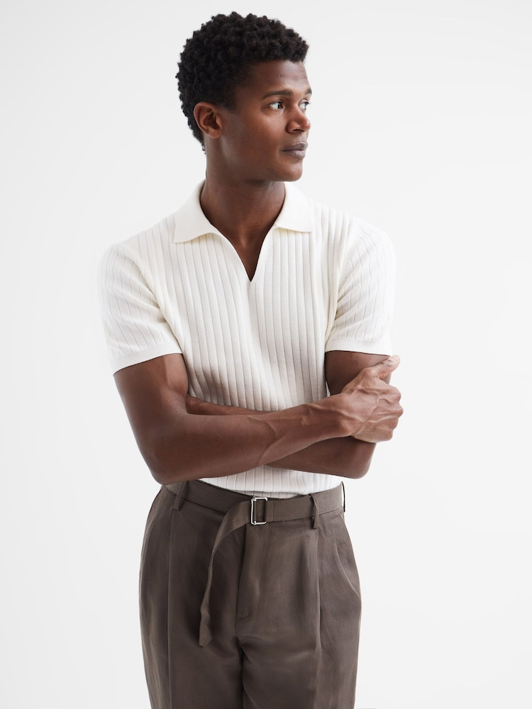 Reiss Ecru Castleton Zip Front Striped Polo Shirt - Image 1 of 6