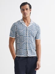Reiss Airforce Blue Milo Abstract Printed Cuban Collar Shirt - Image 1 of 5
