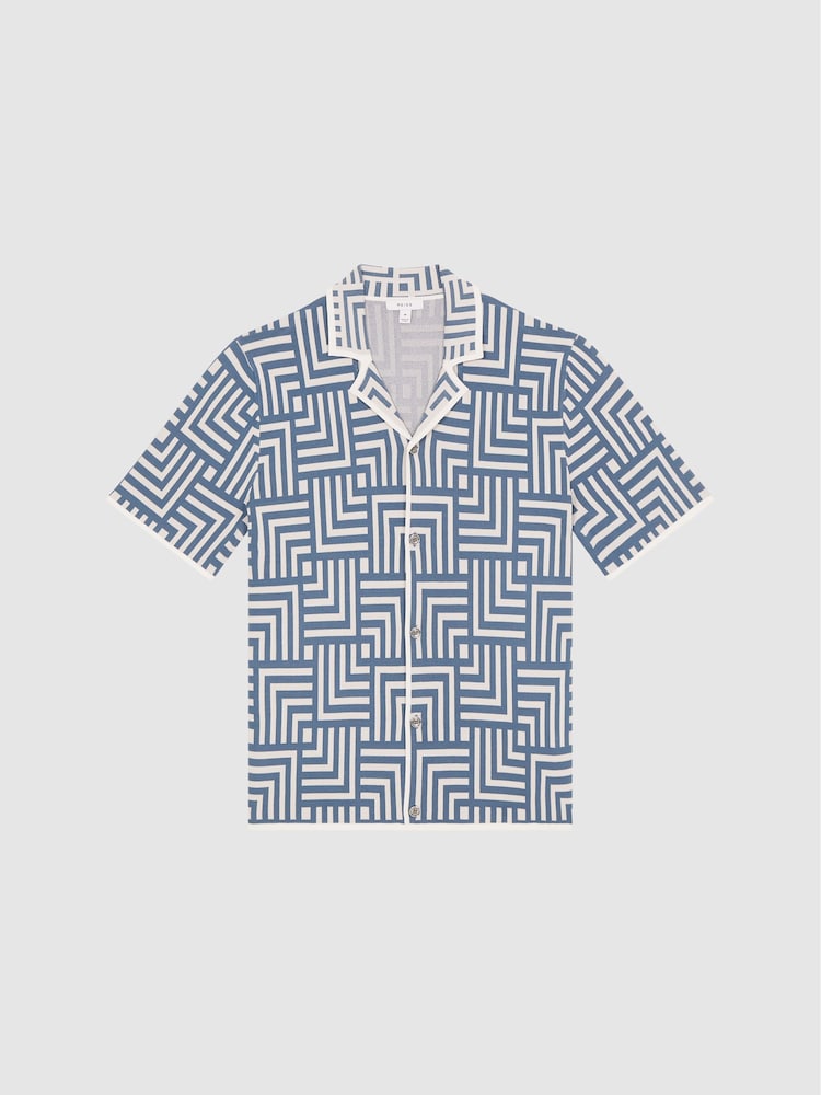 Reiss Airforce Blue Milo Abstract Printed Cuban Collar Shirt - Image 2 of 5