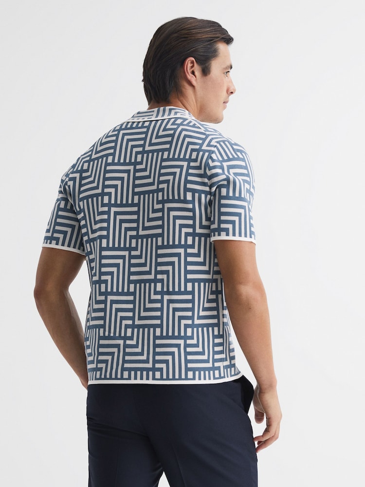 Reiss Airforce Blue Milo Abstract Printed Cuban Collar Shirt - Image 5 of 5