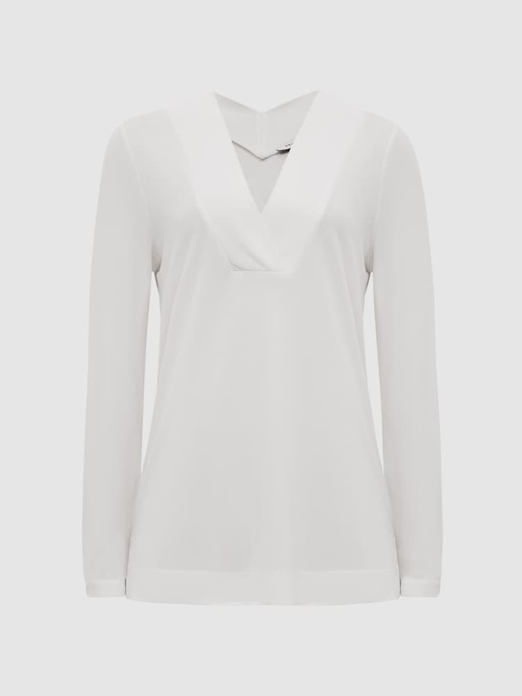 Reiss Cream Tillie V-Neck Long Sleeve Top - Image 2 of 6 Reiss Cream Tillie V-Neck Long Sleeve Top - Image 2 of 6