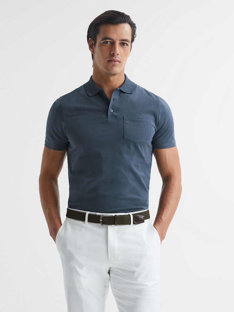 Reiss Steel Blue Austin Short Sleeve Polo T-Shirt - Image 1 of 6 Reiss Steel Blue Austin Short Sleeve Polo T-Shirt - Image 1 of 6