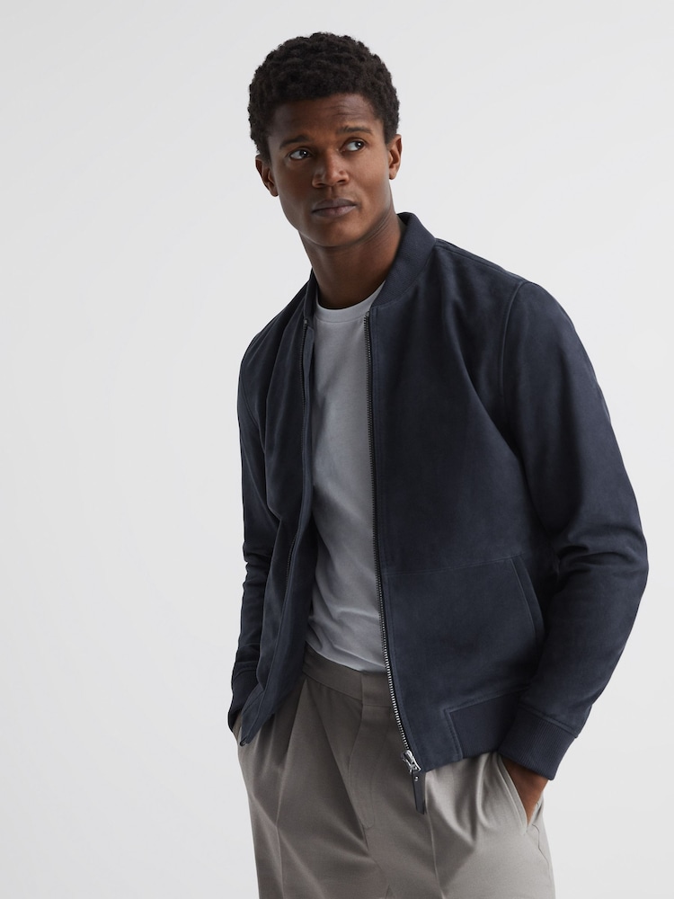 Reiss Denim Blue Dilan Suede Zip Through Bomber Jacket - Image 1 of 5