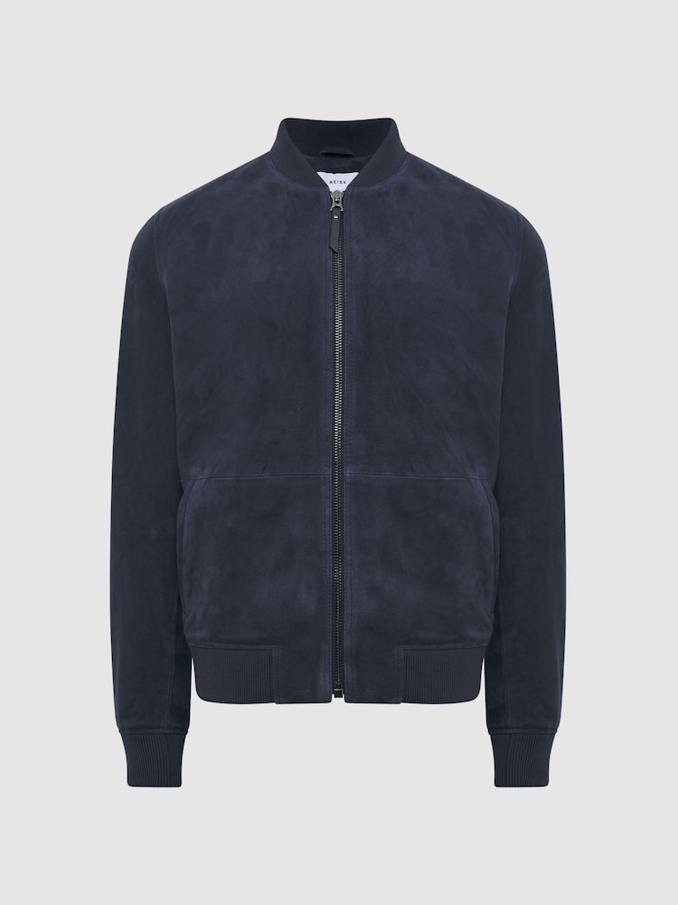 Reiss Denim Blue Dilan Suede Zip Through Bomber Jacket - Image 2 of 5