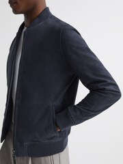 Reiss Denim Blue Dilan Suede Zip Through Bomber Jacket - Image 4 of 5