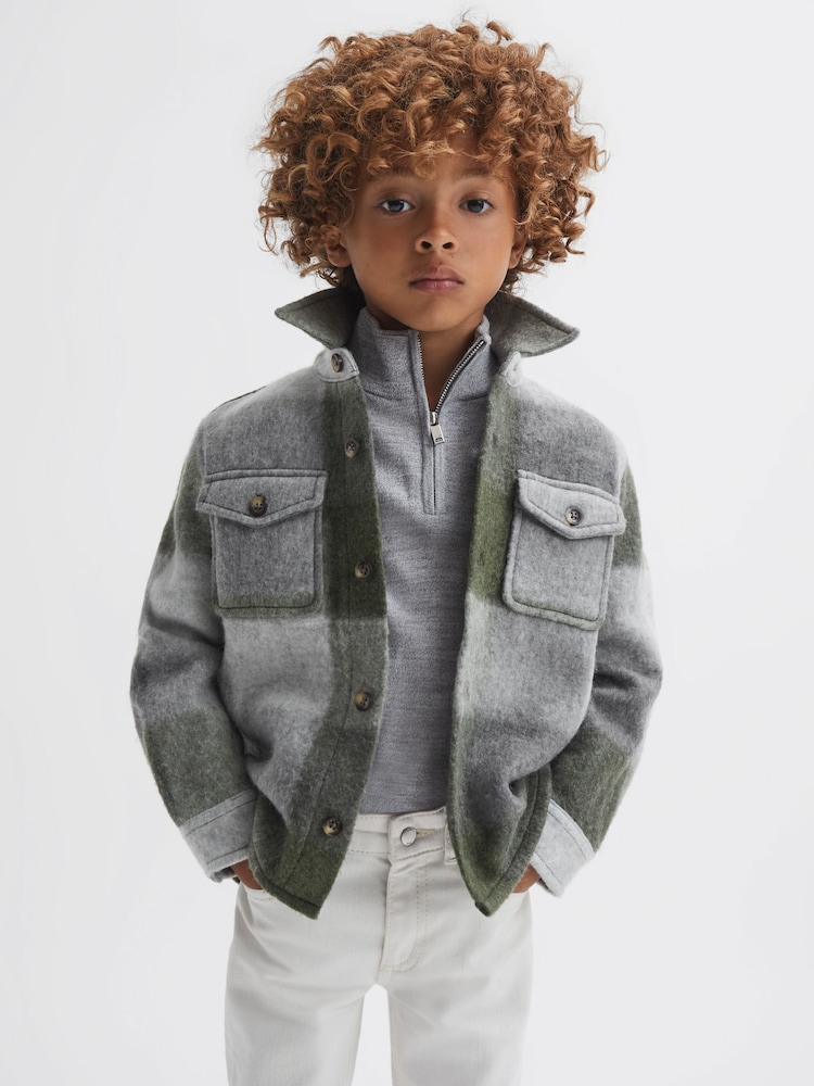 Reiss Green/Ecru Stoval Long Sleeve Brushed Overshirt - Image 1 of 6
