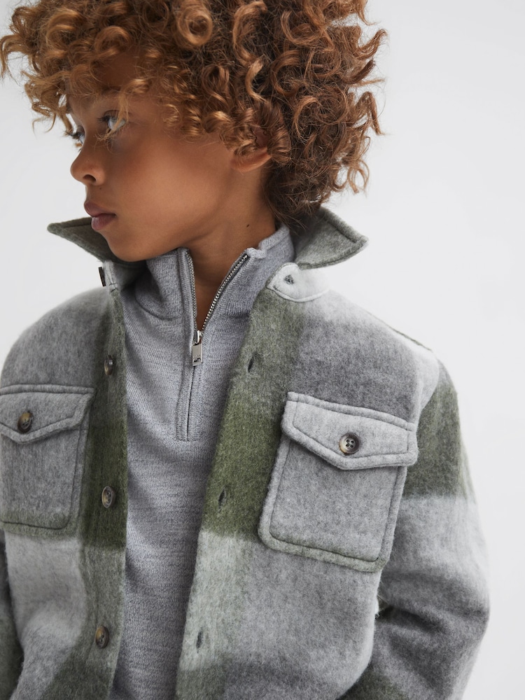 Reiss Green/Ecru Stoval Junior Long Sleeve Brushed Overshirt - Image 1 of 6 Reiss Green/Ecru Stoval Junior Long Sleeve Brushed Overshirt - Image 1 of 6