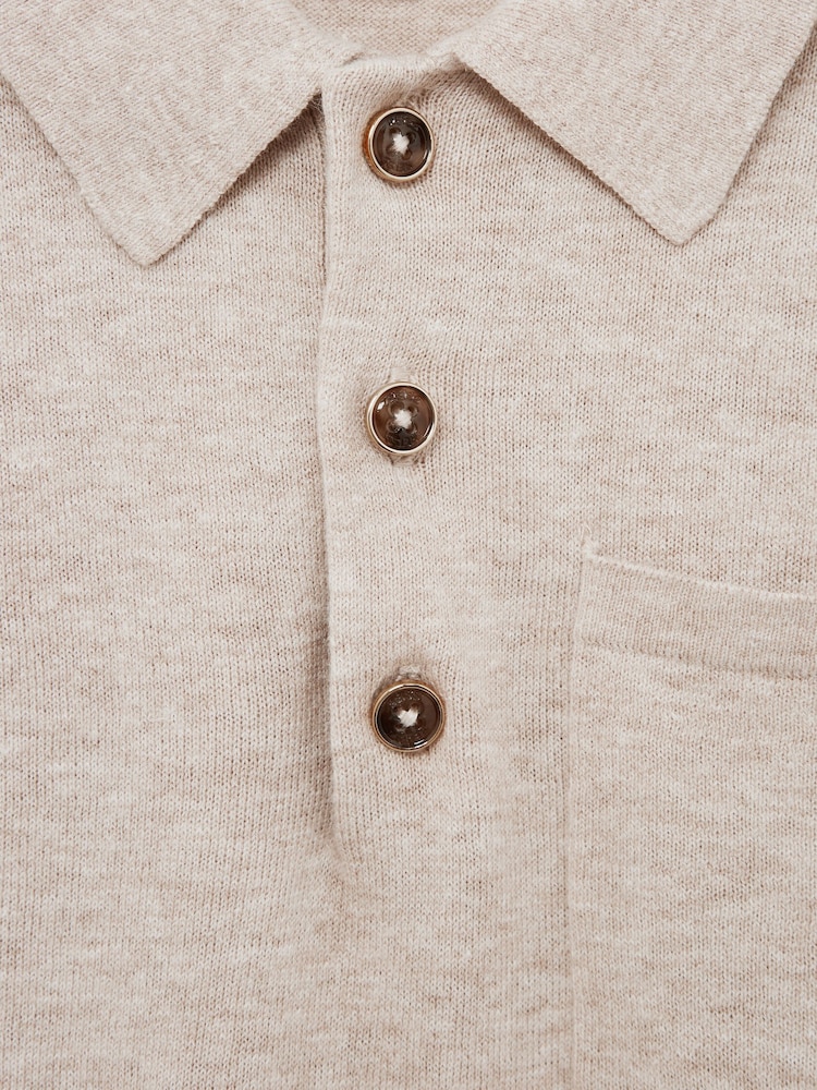 Reiss Oatmeal Ralphy Buttoned Linen Polo - Image 6 of 6