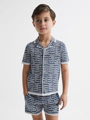 Reiss Airforce Blue Milo Junior Abstract Printed Cuban Collar Shirt - Image 1 of 7