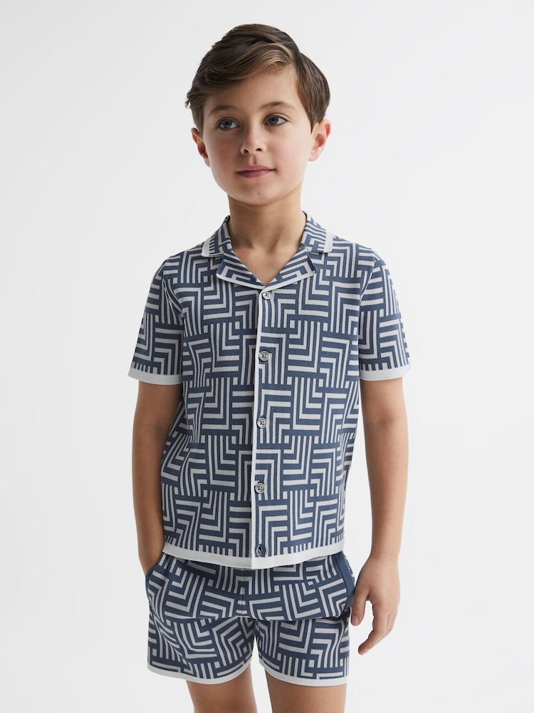 Reiss Airforce Blue Milo Junior Abstract Printed Cuban Collar Shirt - Image 1 of 7 Reiss Airforce Blue Milo Junior Abstract Printed Cuban Collar Shirt - Image 1 of 7