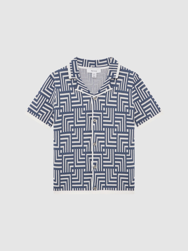 Reiss Airforce Blue Milo Junior Abstract Printed Cuban Collar Shirt - Image 2 of 7 Reiss Airforce Blue Milo Junior Abstract Printed Cuban Collar Shirt - Image 2 of 7