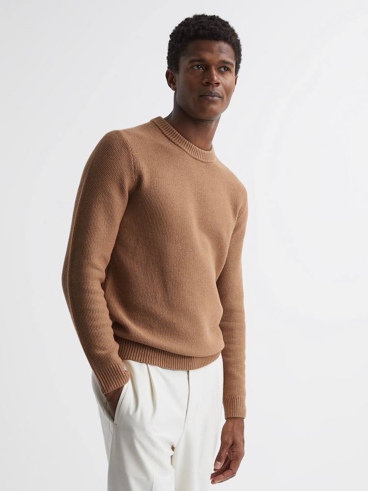 Reiss Camel Cole Ribbed Crew Neck Jumper - Image 1 of 6