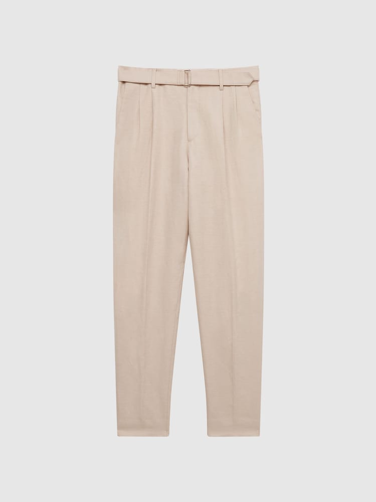Reiss Oatmeal Trail Cotton-Linen Buckled Trousers - Image 2 of 4 Reiss Oatmeal Trail Cotton-Linen Buckled Trousers - Image 2 of 4