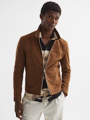Reiss Tobacco Riley Suede Zip-Through Jacket - Image 1 of 7