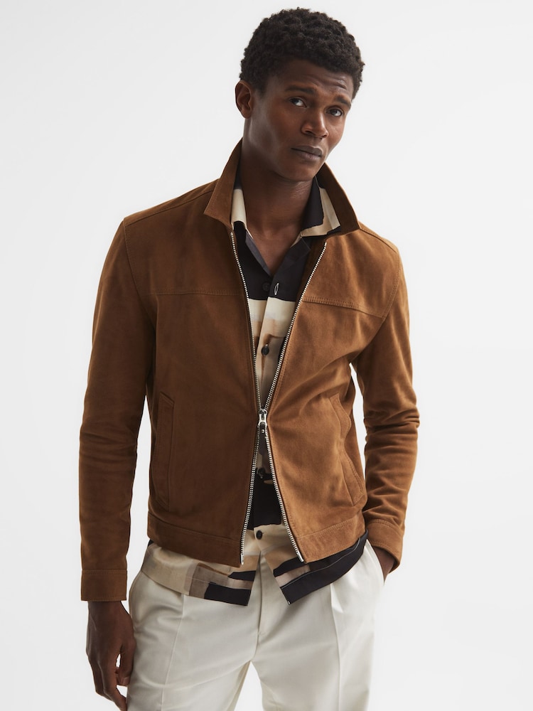 Reiss Tobacco Riley Suede Zip-Through Jacket - Image 1 of 7