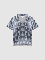 Reiss Airforce Blue Milo Senior Abstract Printed Cuban Collar Shirt - Image 2 of 7