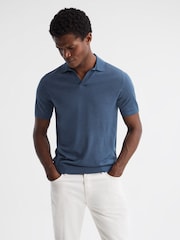 Reiss Airforce Blue Malbec Open Collar Silk Merino Polo Shirt - Image 1 of 6