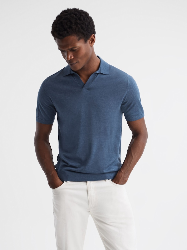 Reiss Airforce Blue Malbec Open Collar Silk Merino Polo Shirt - Image 1 of 6