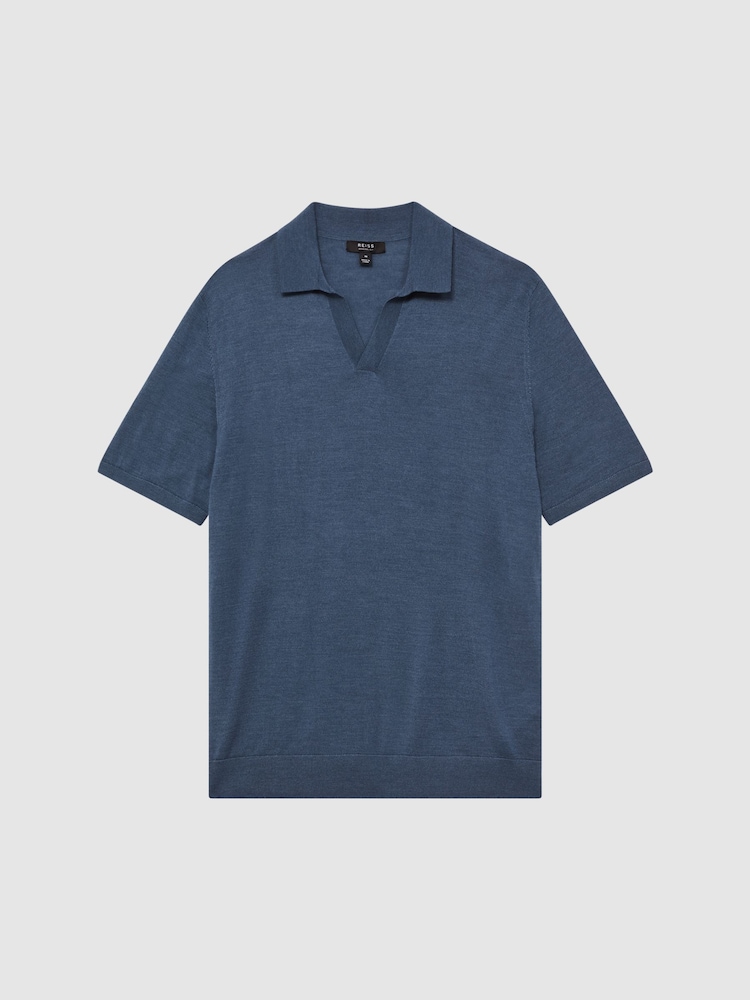 Reiss Airforce Blue Malbec Open Collar Silk Merino Polo Shirt - Image 2 of 6