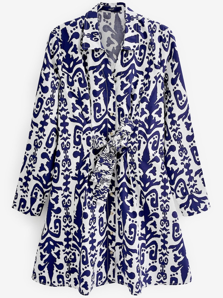 Navy Blue/White Fuller Bust 100% Cotton Poplin Mini Shirt Dress - Image 5 of 5