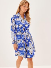 Blue Floral Fuller Bust 100% Cotton Poplin Mini Shirt Dress - Image 1 of 4