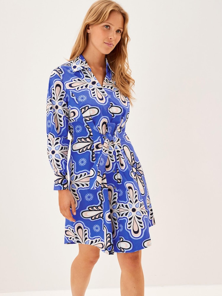 Blue Floral Fuller Bust 100% Cotton Poplin Mini Shirt Dress - Image 1 of 4