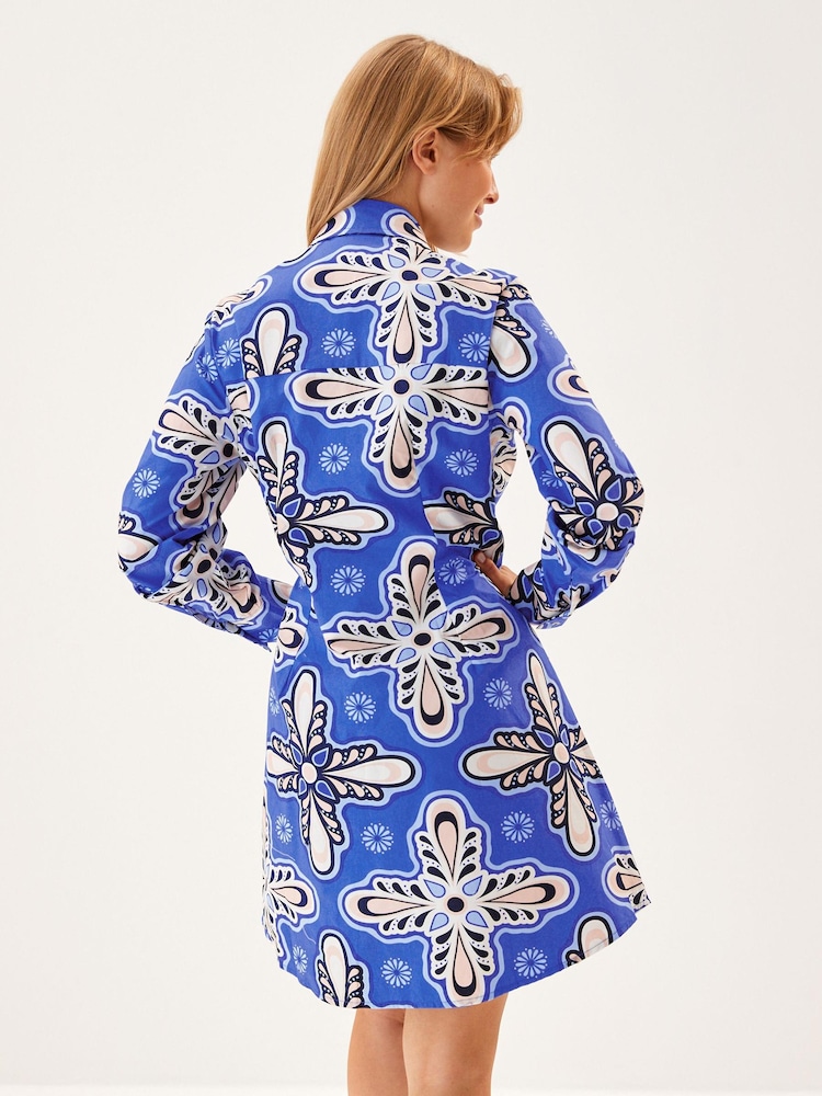 Blue Floral Fuller Bust 100% Cotton Poplin Mini Shirt Dress - Image 2 of 4