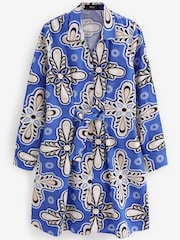 Blue Floral Fuller Bust 100% Cotton Poplin Mini Shirt Dress - Image 4 of 4