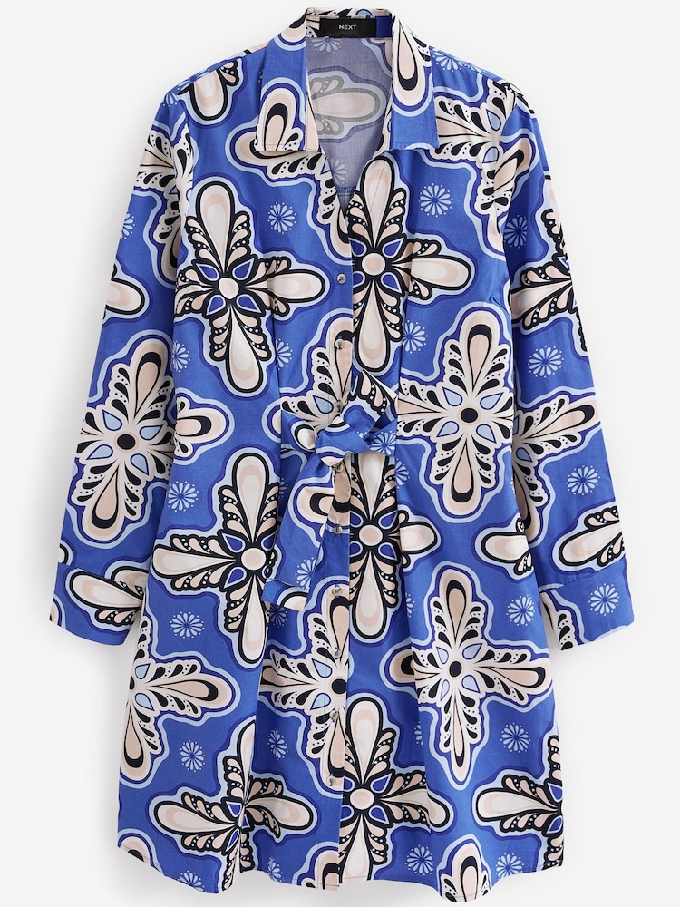 Blue Floral Fuller Bust 100% Cotton Poplin Mini Shirt Dress - Image 4 of 4