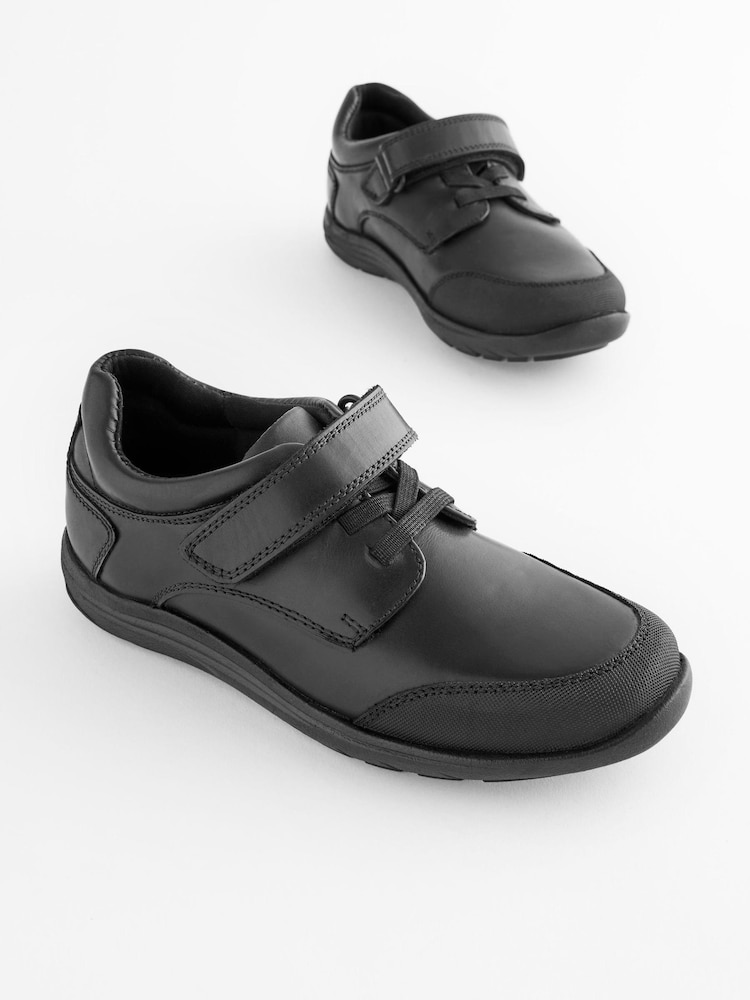 Black Standard Fit (F) School Leather Elastic Lace Shoes - Image 1 of 1