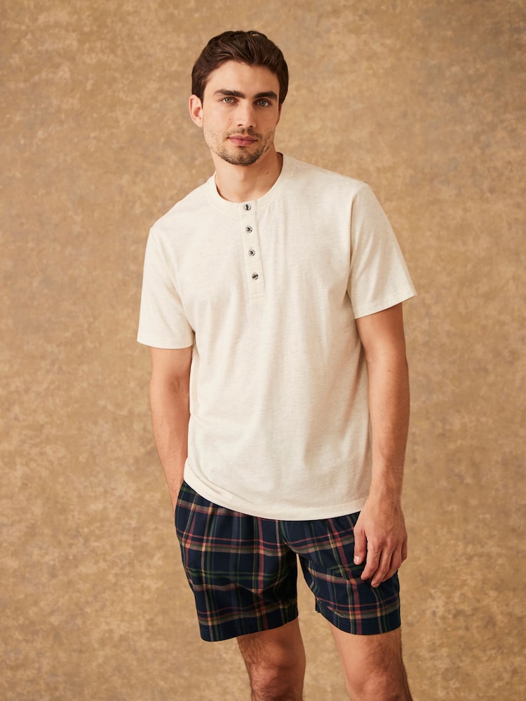 Cream/Navy Blue Check Motionflex Cosy Short Pyjamas Set - Image 1 of 11 Cream/Navy Blue Check Motionflex Cosy Short Pyjamas Set - Image 1 of 11