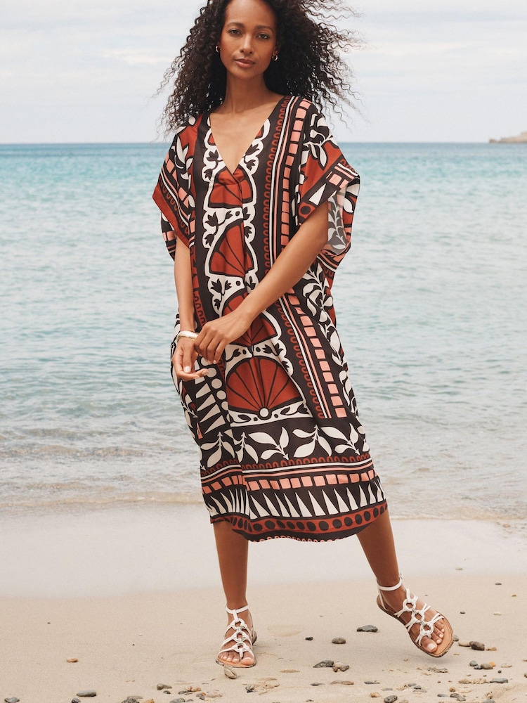 Brown Print Satin Kaftan Coverup Beach Summer Dress - Image 1 of 6