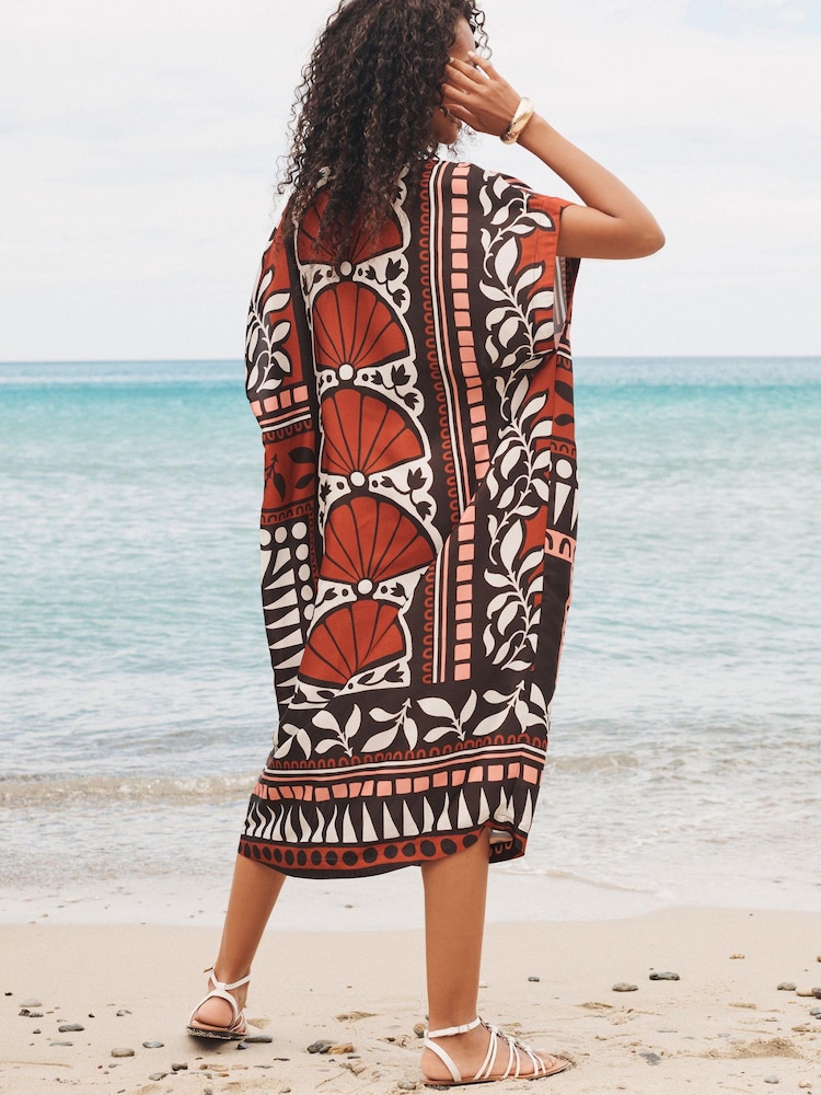 Brown Print Satin Kaftan Coverup Beach Summer Dress - Image 2 of 6