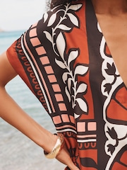 Brown Print Satin Kaftan Coverup Beach Summer Dress - Image 4 of 6