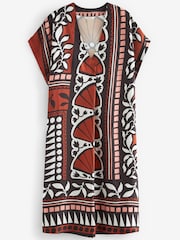 Brown Print Satin Kaftan Coverup Beach Summer Dress - Image 5 of 6