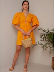 Chi Chi London Orange Ring Front Puff Sleeve Dress - Image 1 of 4