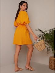 Chi Chi London Orange Ring Front Puff Sleeve Dress - Image 2 of 4