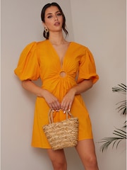 Chi Chi London Orange Ring Front Puff Sleeve Dress - Image 3 of 4