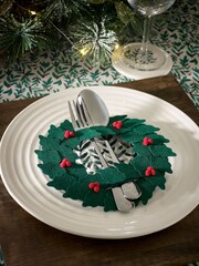 Set of 6 Green Christmas Holly Cutlery Holders - Image 1 of 3