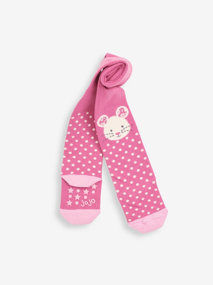JoJo Maman Bébé Pink Mouse Knee Cotton Rich Tights - Image 1 of 1