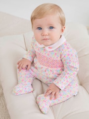 JoJo Maman Bébé Pink Ditsy Smocked Cotton Baby Sleepsuit - Image 1 of 5