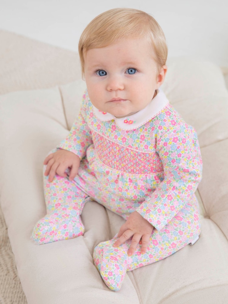 JoJo Maman Bébé Pink Ditsy Smocked Cotton Baby Sleepsuit - Image 1 of 5