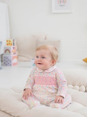 JoJo Maman Bébé Pink Ditsy Smocked Cotton Baby Sleepsuit - Image 2 of 5