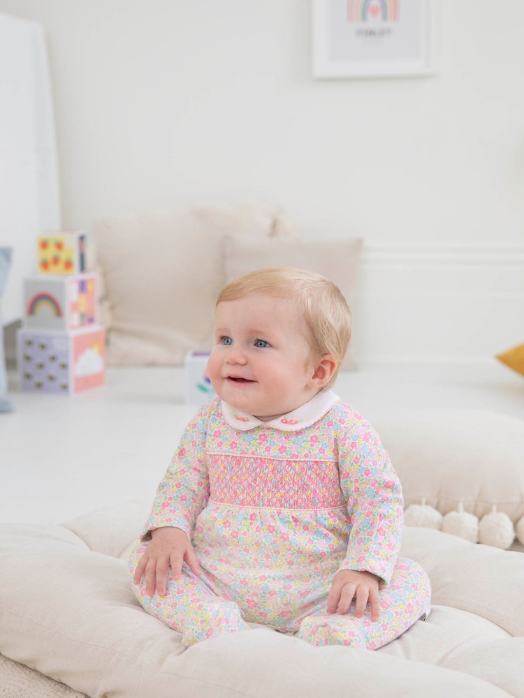 JoJo Maman Bébé Pink Ditsy Smocked Cotton Baby Sleepsuit - Image 2 of 5