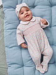 JoJo Maman Bébé Pink Ditsy Smocked Cotton Baby Sleepsuit - Image 3 of 5
