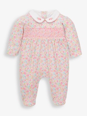 JoJo Maman Bébé Pink Ditsy Smocked Cotton Baby Sleepsuit - Image 4 of 5