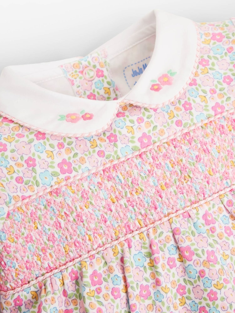 JoJo Maman Bébé Pink Ditsy Smocked Cotton Baby Sleepsuit - Image 5 of 5